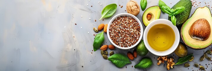 Variety of healthy fats with avocado, nuts, seeds, and olive oil on wood background, copy space.