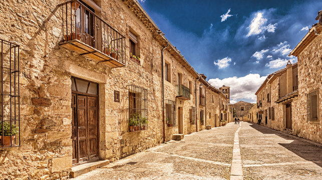 Street Scene, Traditional Architecture, Old Town, Pedraza, Medieval Village, Historic Artistic Grouping, Spanish Cultural Heritage, Segovia, Castilla y Le&oacute;n, Spain, Europe