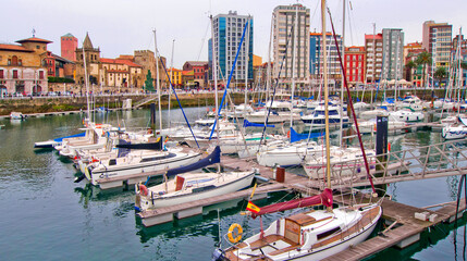 Gijón Harbour, Cimadevilla Old Town, Gijón, Asturias, Spain, Europe - obrazy, fototapety, plakaty