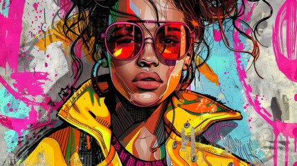 A digital art portrait featuring a woman with stylish sunglasses, set against a vivid graffiti wall background. Perfect for urban culture themes.