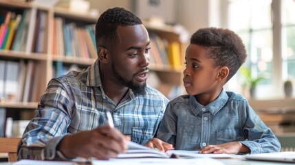 A focused father engaging with his young son, providing guidance on homework in a warm, homey environment with bookshelves in the background.