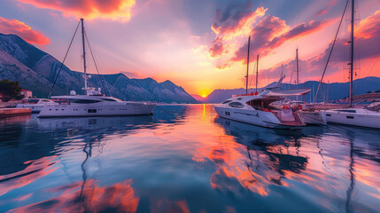 A stunning sunset over a tranquil marina, where yachts are moored against a backdrop of majestic mountains. - obrazy, fototapety, plakaty
