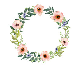 Watercolor wreath with green leaves and wildflowers