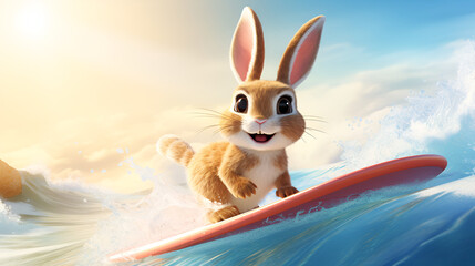 vibrant smiling rabbit illustration surfing a wave on surfboard oceanic background