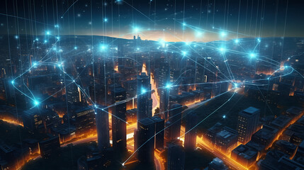 Fototapeta premium High angle view of city at night with skyscrapers and large buildings