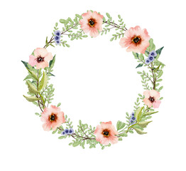 Watercolor wreath with green leaves and wildflowers