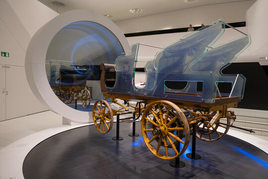 first Porsche Egger-Lohner C2 Phaeton, oldest still existing design Ferdinand Porsche, automobile with octagon electric motor, 1898, exhibition Museum Porsche, Stuttgart, Germany - January 26, 2024