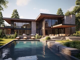 Fototapeta premium A modern house nestled within a serene countryside setting