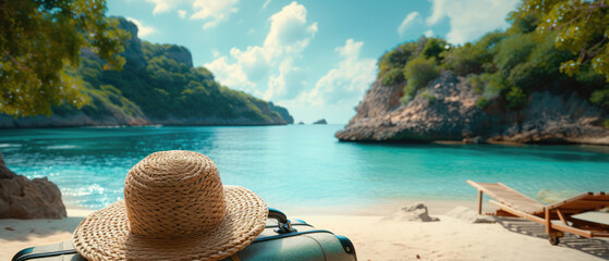 Fototapeta na wymiar A serene beach view from behind a straw hat resting on a lounge chair, overlooking turquoise waters and lush green cliffs.