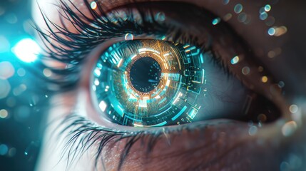 Closeup of a human eye with virtual hologram elements 