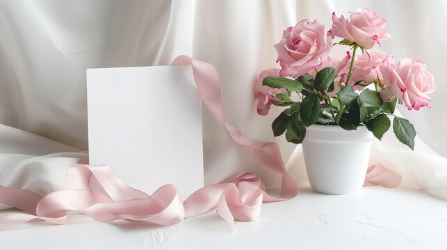 White card mockup with silk ribbons and pink roses in a pot on a white table. ,generative ai,