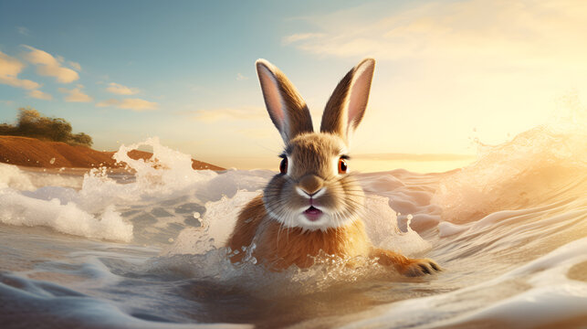 rabbit in the sea waves in the background of rocks and  clouds, fantasy art wonderland aquatic background