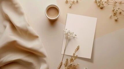 White invitation card mockup with a lagurus and a cup of coffee on the beige table.,generative ai, - obrazy, fototapety, plakaty