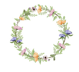 Naklejka na ściany i meble Watercolor wreath with green leaves and wildflowers