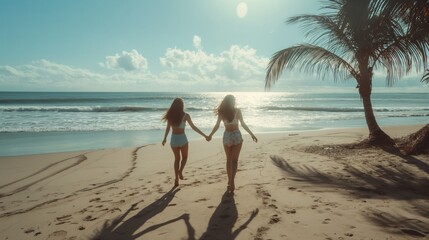 two women walking on the beach, holding hands Traveling with a friend, two single women, women power, sister power, sisters holding hands, friendship between women, friends at the beach, go away