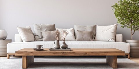 Fototapeta na wymiar Contemporary wooden coffee table, cozy sofa with pillows, reflecting living room decor and home concept.