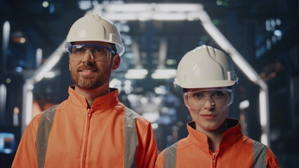 Couple successful factory engineer posing in modern facility in helmets closeup.