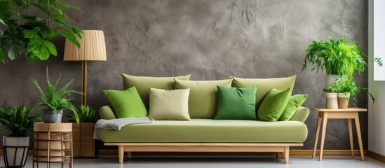 Contemporary living space with green cushions on comfortable sofa and wooden light interior decoration