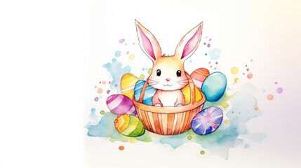 Cute drawing of rabbit sitting in basket with colorful eggs, Easter card on white background with watercolor stains
