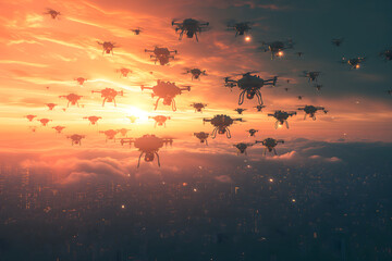 Swarm of drones over city at summer morning. Neural network generated image. Not based on any actual scene or pattern.