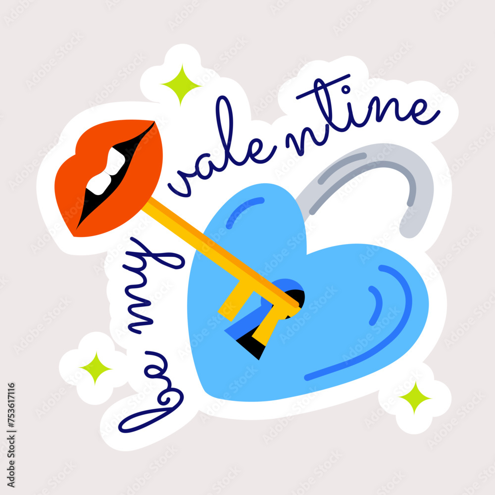 Poster Heart key with be my valentine typography, flat sticker 