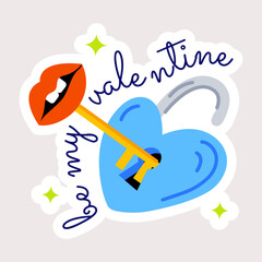 Heart key with be my valentine typography, flat sticker 