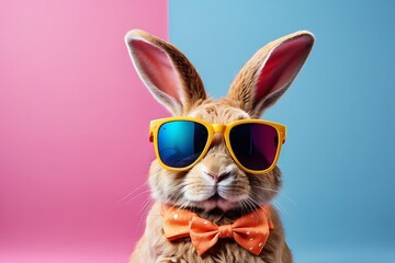 Cute bunny with sunglasses and colorful easter eggs on blue background