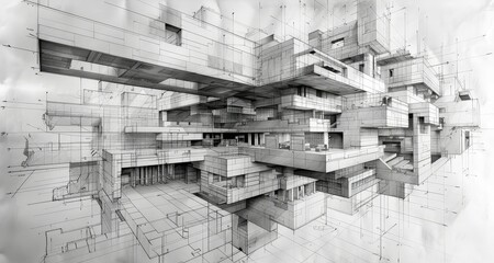 An intricate black and white architectural sketch depicting the complex geometry of a modern, multi-layered building design.