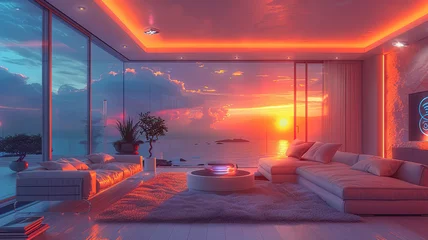 Foto op Canvas Modern living room interior with panoramic windows overlooking a sunset seascape, furnished in minimalist style with soft lighting. © visual artstock