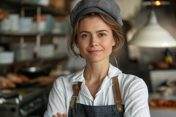 Retrato de una cocinera, chef sonriente, empresaria con su negocio de fondo, mirando a cámara, sonriendo en la cocina de un restaurante - obrazy, fototapety, plakaty
