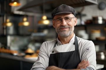 Retrato de un cocinero, chef sonriente, empresario con su negocio de fondo, mirando a cámara, sonriendo en la cocina de un restaurante - obrazy, fototapety, plakaty