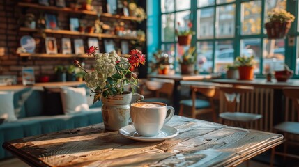 Naklejka na ściany i meble A warm and inviting cafe scene featuring a cup of latte art on a rustic wooden table, complemented by a vase of fresh flowers in the soft morning light.