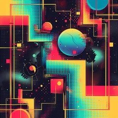 This image showcases a complex array of geometric shapes with a cosmic and futuristic vibe through its vivid color palette and dynamic composition