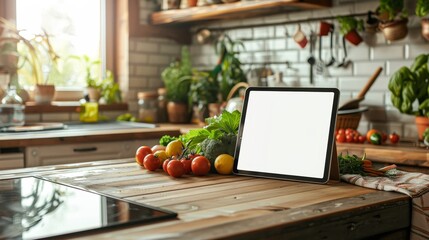 A tablet stands on a wooden kitchen counter, surrounded by an abundance of fresh vegetables, in a sunlit cozy kitchen setting. - obrazy, fototapety, plakaty