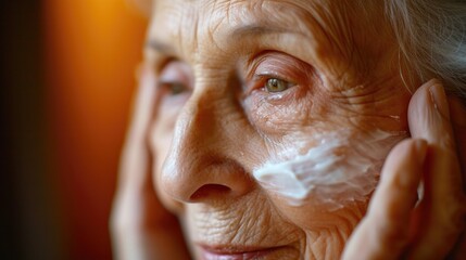 Senior woman is applying cream to her face