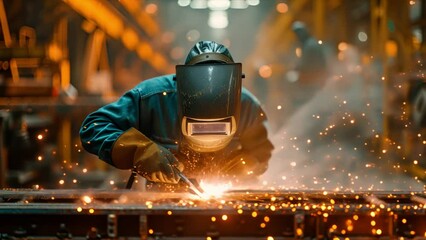 A welder in protective gear is performing welding work with sparks flying in an industrial setting. Industrial Welder at Work in a Manufacturing Plant