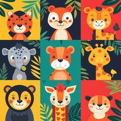 Naklejka premium Nine different cute jungle animals depicted in colorful squares with foliage backdrop for a playful vibe