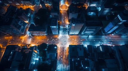 High angle view of city at night with skyscrapers and large buildings