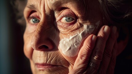 Senior woman is applying cream to her face