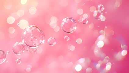 Water bubbles in varying sizes float against a soft pink backdrop, creating a sparkling bokeh effect