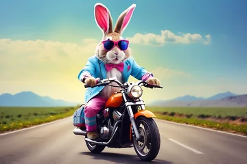 Foto op Plexiglas Rabbit riding a motorcycle on the road. The concept of the Easter holiday. © ASGraphics