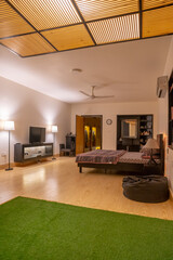 Stylish and Modern Bedroom with Artistic Touches and Wooden Decor