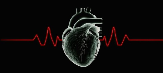 Cardiology concept  abstract human heart shape with red digital pulse on black background.