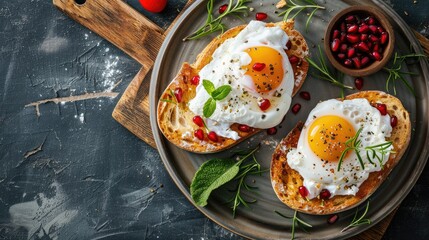 Poached eggs on avocado toast garnished with greens and spices on dark slate plate.