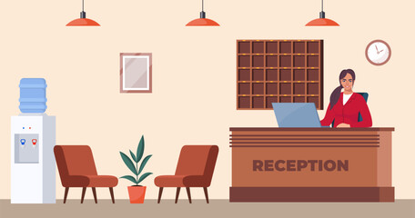 Hotel reception with computer and woman receptionist, flower in pot, clocks on wall. Modern Inn foyer, hall or lobby. Tourism, business trip concept. Vector illustration.
