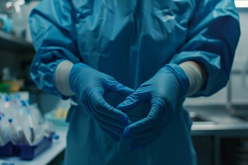 Close up of surgeon's hands with blue nitrile gloves on - obrazy, fototapety, plakaty