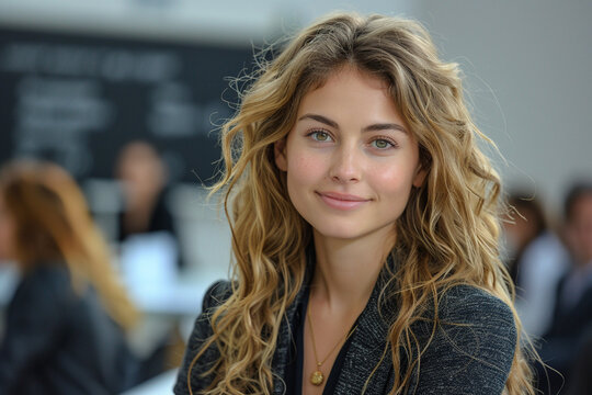 A conventionally attractive businesswoman leads a workshop on negotiation and conflict resolution, equipping her audience with practical tools and techniques for resolving disputes