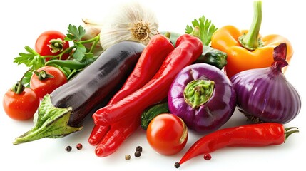Variety of fresh colorful vegetables including eggplant, bell peppers, and tomatoes on white background