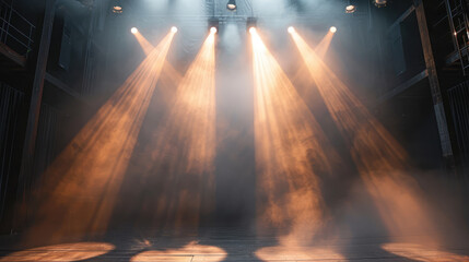 Dramatic stage lighting with beams of light cutting through the dark, creating an atmospheric scene on an empty stage.