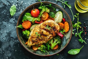 "Healthy dinner plate with grilled chicken breast, broccoli, carrots, and cherry tomatoes on rustic dark background